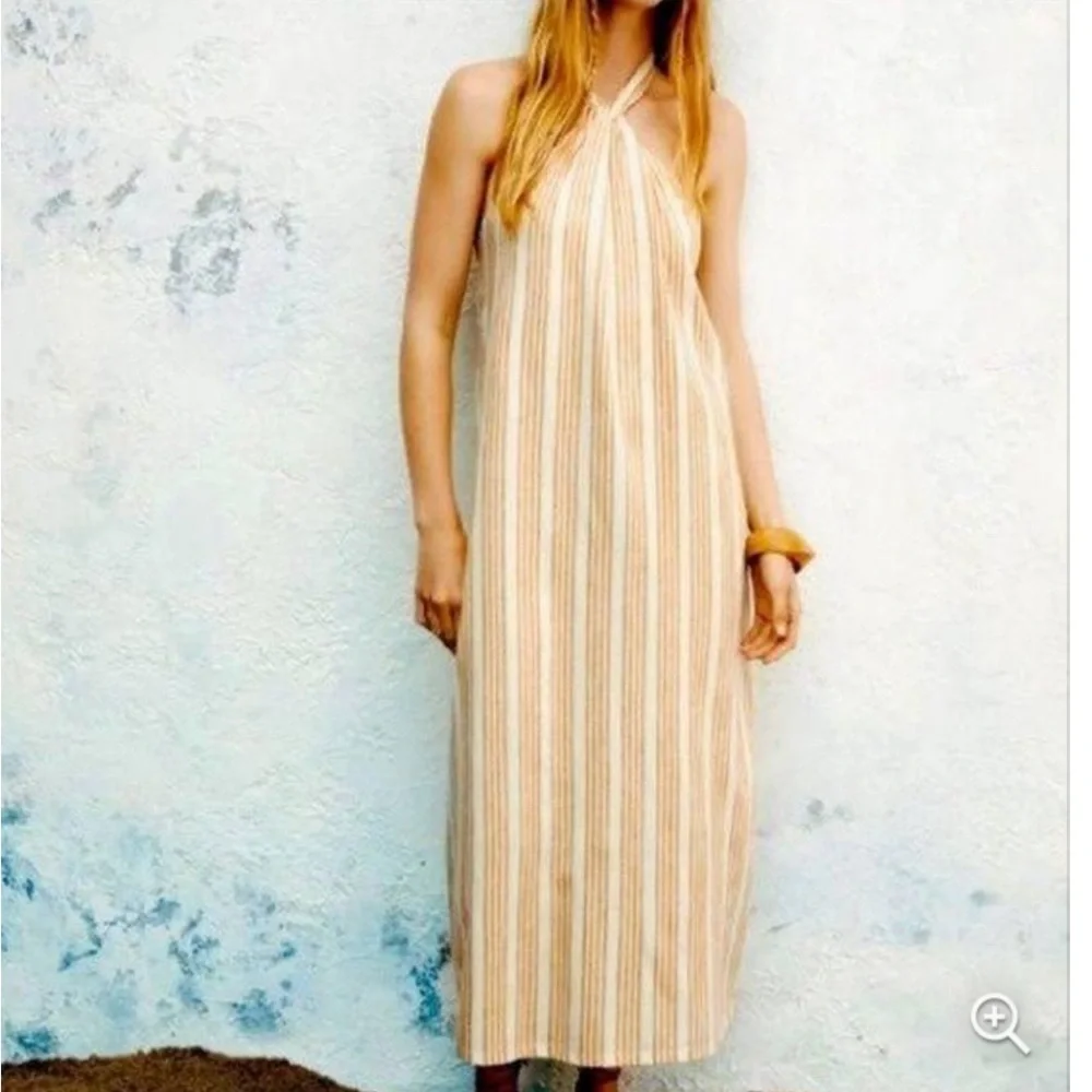 Zara Halter Maxi Dress Womens Size M Cotton Blend Striped NWT Minimalist Coastal